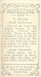 1933 Wills's Victorian Footballers (Small) #51 Terry Brain Back